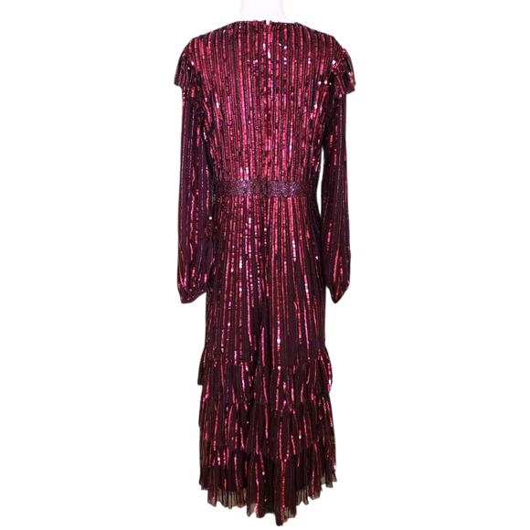 Mac Duggal 23003 Burgundy Sequin Midi Ruffle Long Sleeve Formal Gown 12 - Picture 7 of 8